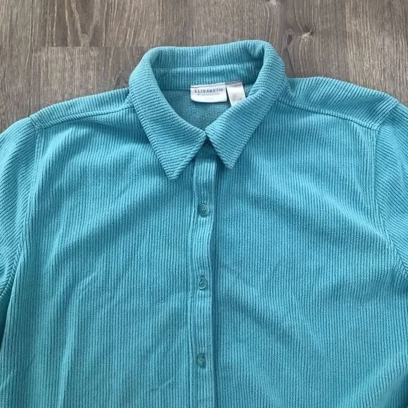 Elisabeth by Liz Claiborne Corduroy Long Sleeve Blue Shirt Petite 2 Plus Size - Picture 2 of 9